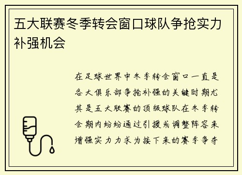 五大联赛冬季转会窗口球队争抢实力补强机会