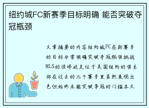纽约城FC新赛季目标明确 能否突破夺冠瓶颈